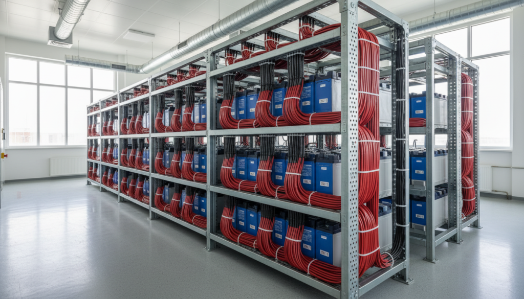 Banco de sistema solar isolado composto por várias unidades de bateria de chumbo organizadas em rack ventilado.