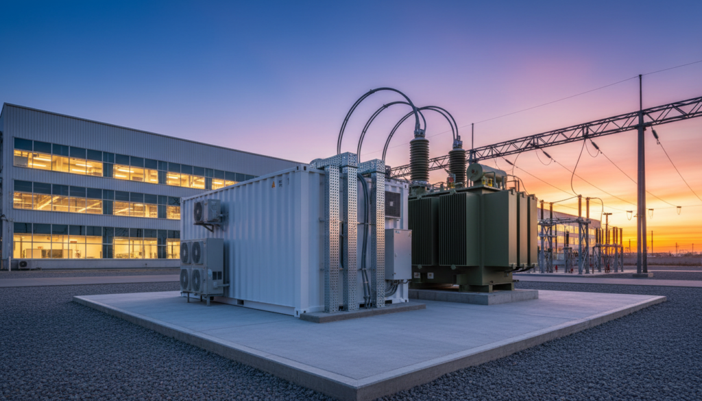 Equipamento de armazenamento de energia BESS instalado na subestação externa de uma fábrica industrial sobre base de concreto ao entardecer.