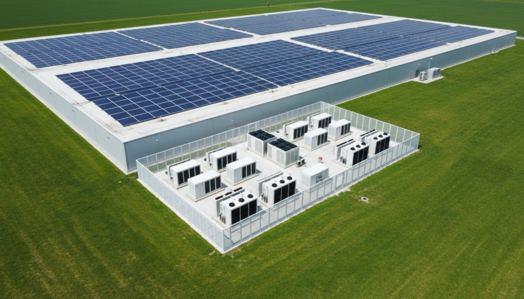Vista aérea de telhado industrial coberto por painéis solares fotovoltaicos conectado ao sistema BESS em solo para gerenciamento de energia limpa.