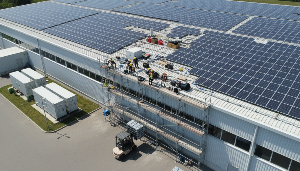 Generatedimage_1781911771591 Vista aérea de telhado industrial com painéis solares integrados ao sistema BESS para economia de energia.