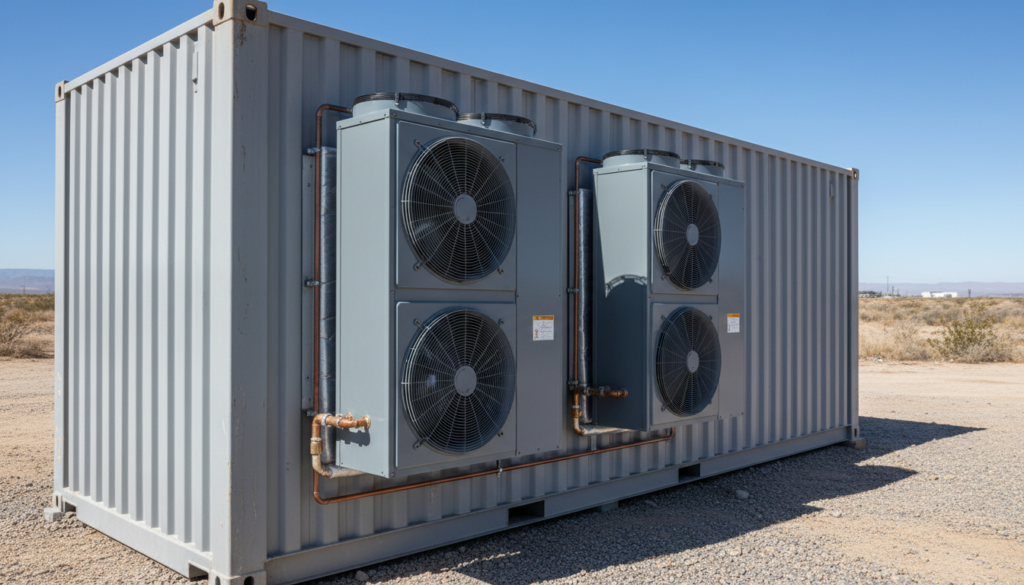 Generatedimage_1781911830146 Sistemas de refrigeração industrial instalados na estrutura externa de um contêiner BESS para controle térmico.
