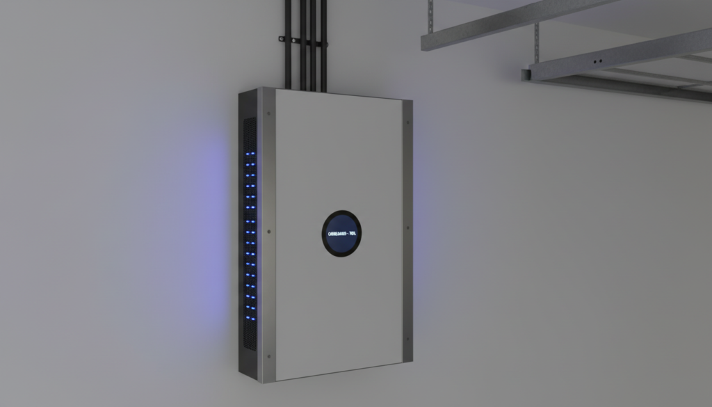 Banco de armazenamento residencial moderno fixado na parede mostrando a estrutura externa de uma bateria de íon-lítio para energia solar em pleno funcionamento.