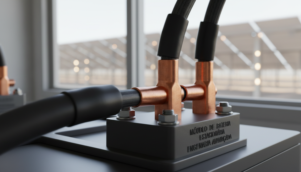 Detalhes dos conectores elétricos reforçados instalados em um gabinete de bateria de íon-lítio de alta performance para sistemas fotovoltaicos.
