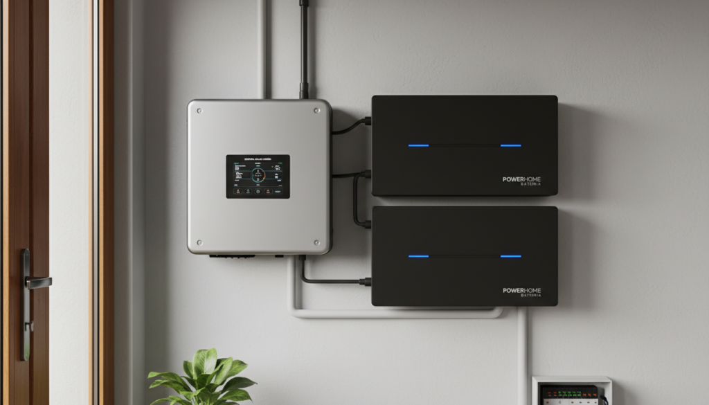 Inversor híbrido instalado ao lado de um banco compacto com bateria de íon-lítio inteligente para gerenciamento residencial de eletricidade limpa.