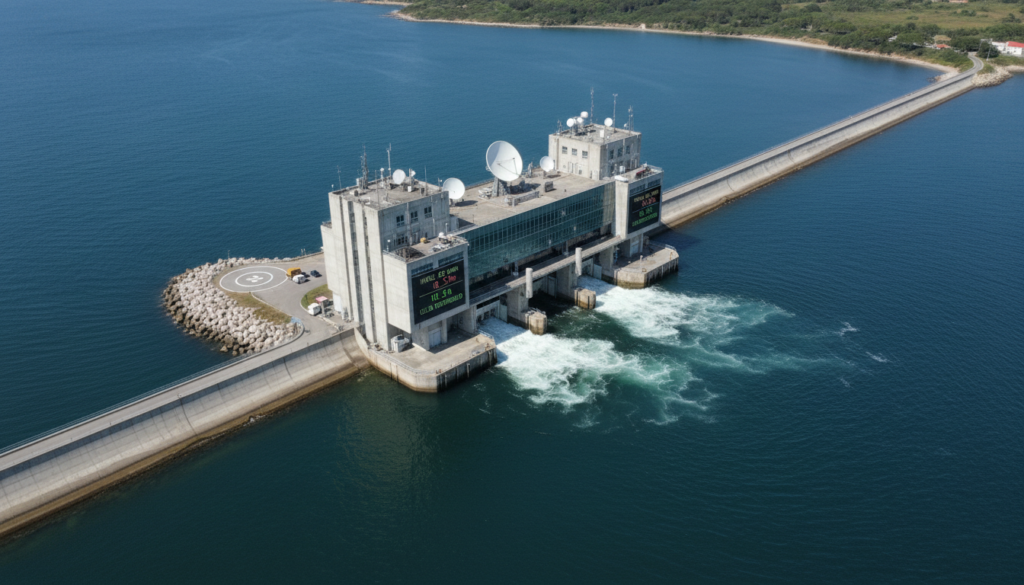 Estrutura de concreto de uma usina de energia maremotriz utilizando sistema de barragem em um estuário costeiro.