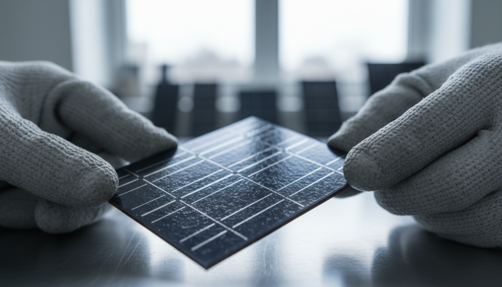 Técnica com luvas industriais segurando de perto uma célula de silício azul de um painel solar em ambiente de laboratório iluminado.