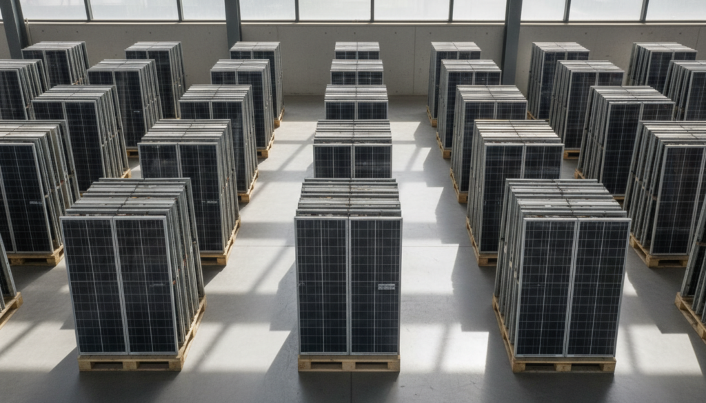 Visão aérea de vários módulos fotovoltaicos de silício empilhados sobre paletes de madeira dentro de um galpão industrial de reciclagem moderno.