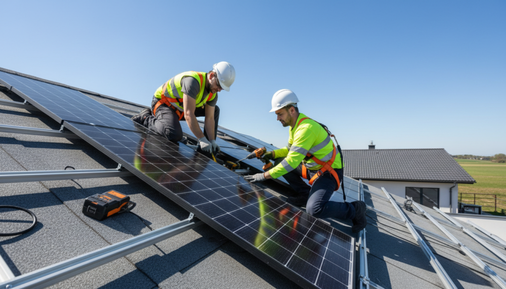 Técnicos instalando placas fotovoltaicas no telhado de uma residência para o processo de homologação de energia solar.