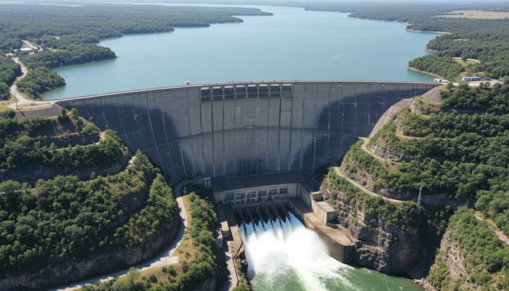 Fotografia aérea de uma grande usina de energia hidrelétrica em operação com vertedouro aberto, mostrando a infraestrutura de geração de eletricidade no Brasil.