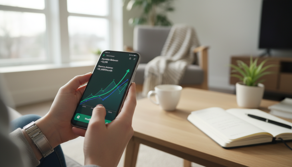 Pessoa utilizando aplicativo financeiro em smartphone para monitorar ativos e investir em energia hidrelétrica através da internet.