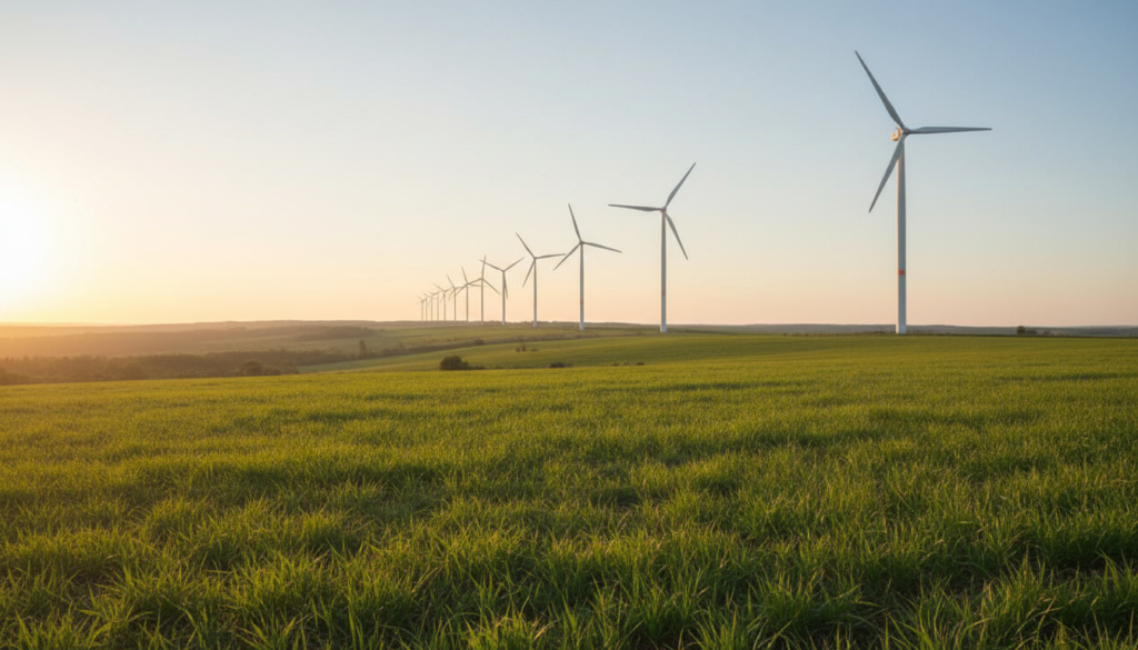 Parque de energia eólica com várias turbinas alinhadas sobre colinas verdes durante o pôr do sol, ilustrando um investimento sólido em ativos reais.