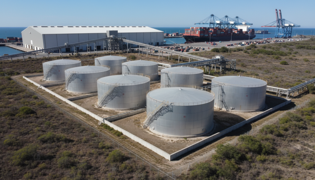 Tanques cilíndricos prateados de alta segurança usados no armazenamento e logística de hidrogênio verde em um complexo industrial moderno.