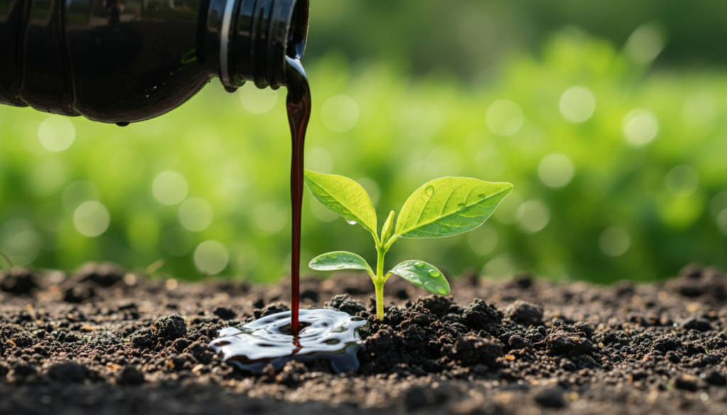 Biofertilizante líquido escuro sendo aplicado na raiz de uma planta jovem para demonstrar o subproduto do biogás.