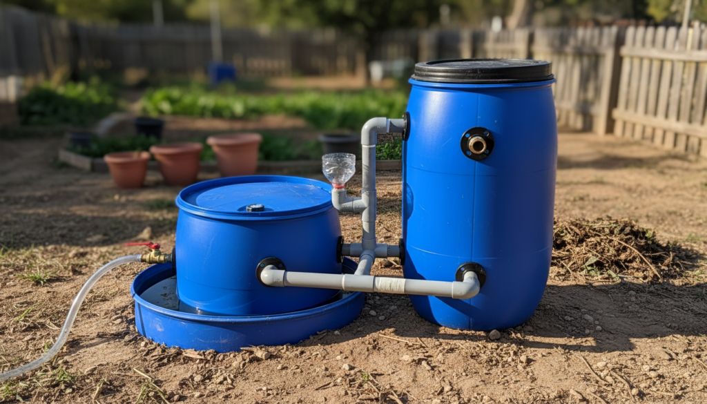 Biodigestor caseiro feito com tambores azuis de plástico no quintal para a produção de biogás.