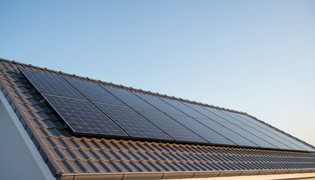 Fileira de painéis de energia solar instalados no telhado com orientação correta e livres de sombreamento.