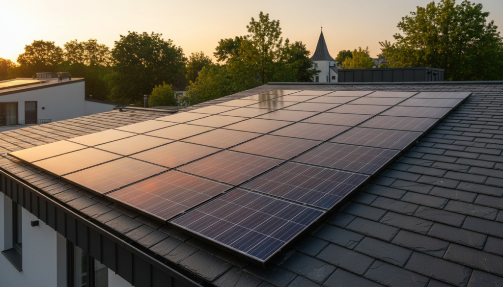 Telhado residencial moderno refletindo a luz do sol para ilustrar o conceito de geração compartilhada de energia solar
