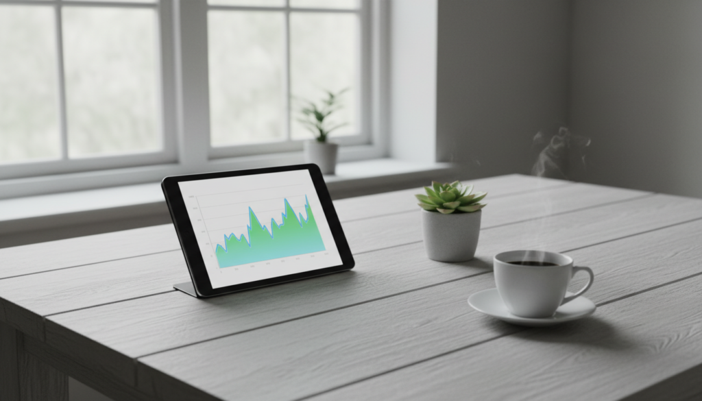 Tablet exibindo gráfico de consumo de eletricidade ao lado de planta para representar o planejamento de energia solar por assinatura