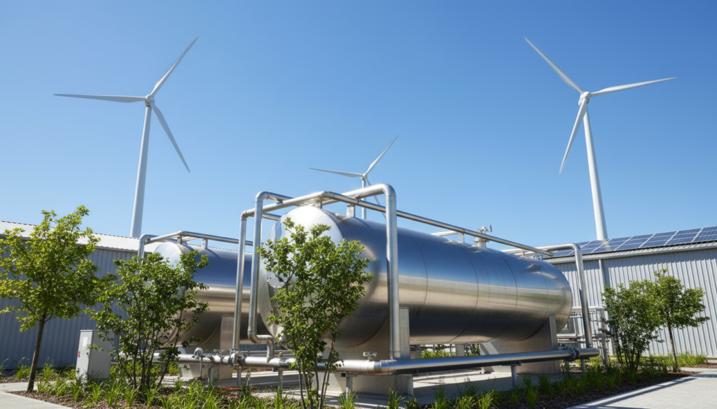 Usina moderna de eletrólise industrial com tanques de aço e geradores eólicos ao fundo, destacando a infraestrutura para iniciar uma promissora carreira em hidrogênio verde.