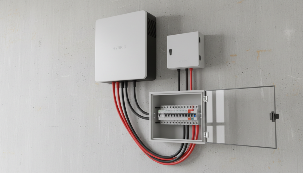Inversor solar híbrido montado ao lado de um quadro de disjuntores de proteção para o sistema de armazenamento de energia doméstico.