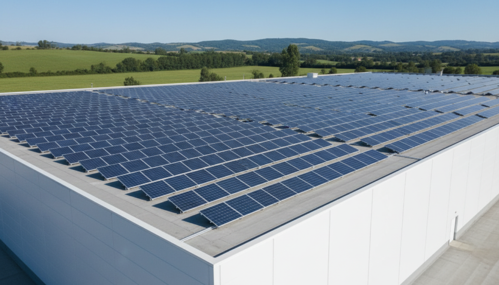 Generatedimage_1784400285288 Painéis solares fotovoltaicos instalados em telhado industrial para geração de eletricidade limpa no mercado livre de energia.