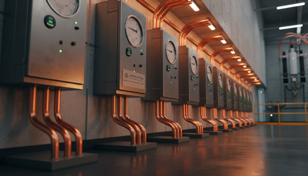 Linha de disjuntores industriais em centro de distribuição de energia renovável para empresas que atuam no mercado livre de energia.