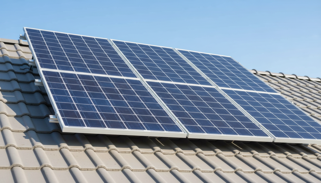 Painéis solares de silício instalados no telhado gerando energia solar para economia na conta de luz.