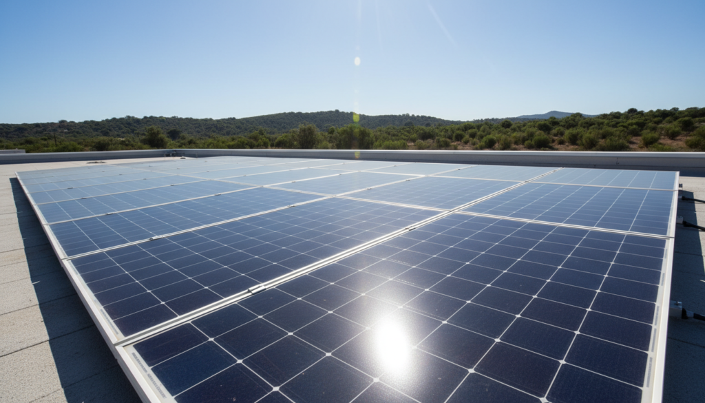 Painéis de energia solar fotovoltaica instalados em telhado industrial para impulsionar a transição energética