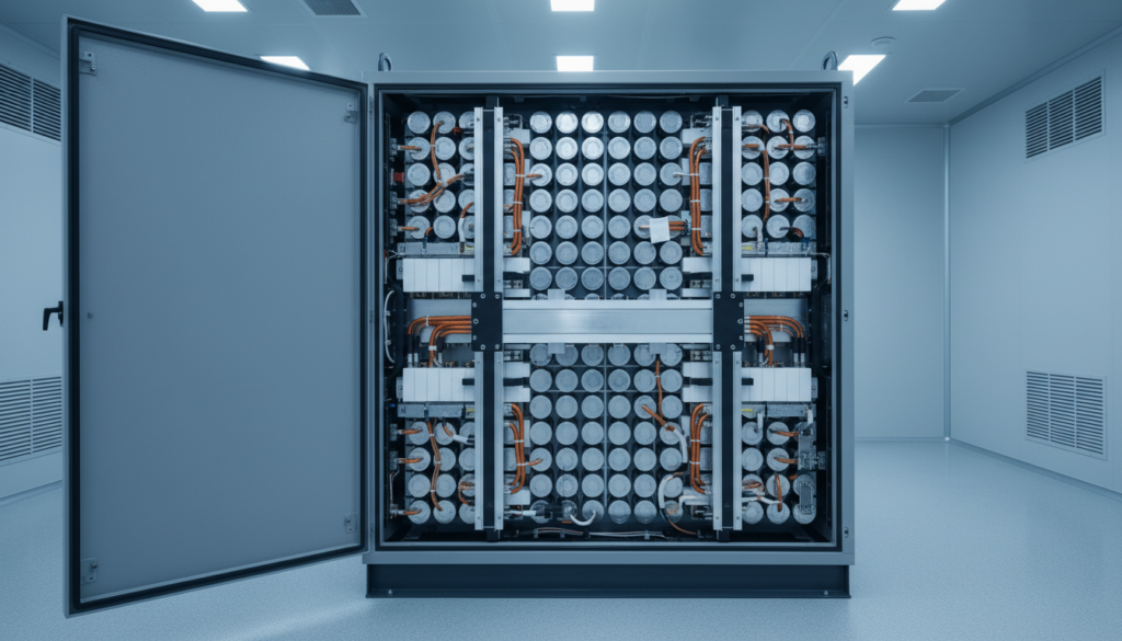Instalação industrial de sistema BESS com baterias de armazenamento de energia em alta densidade