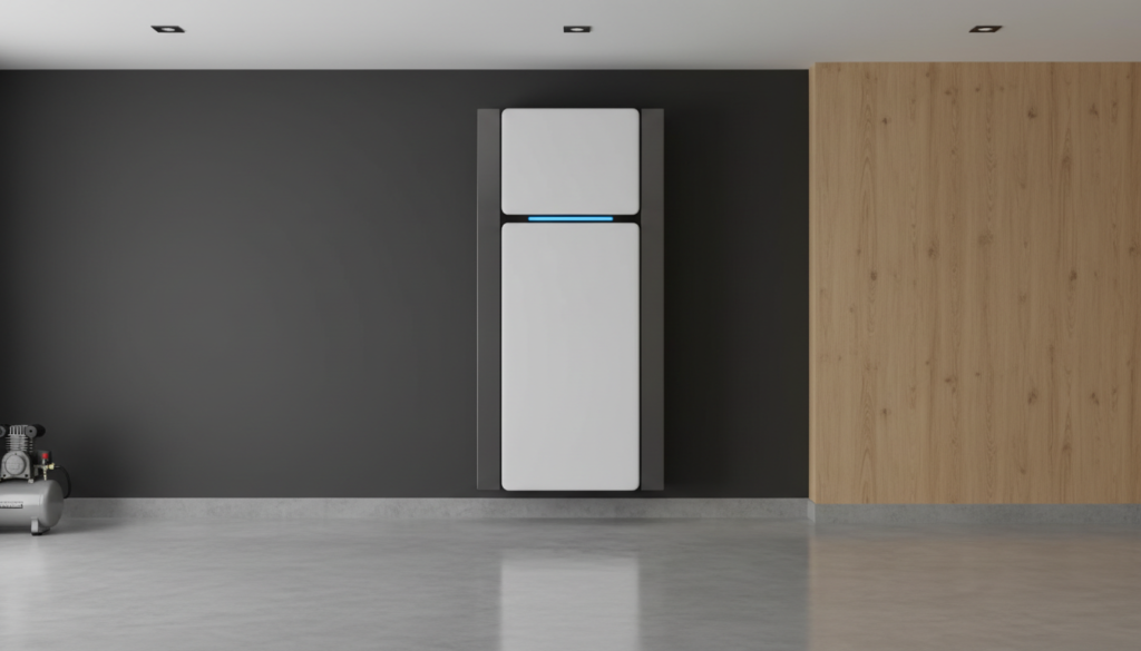 Sistema BESS residencial moderno em torre instalado em garagem com luz LED azul