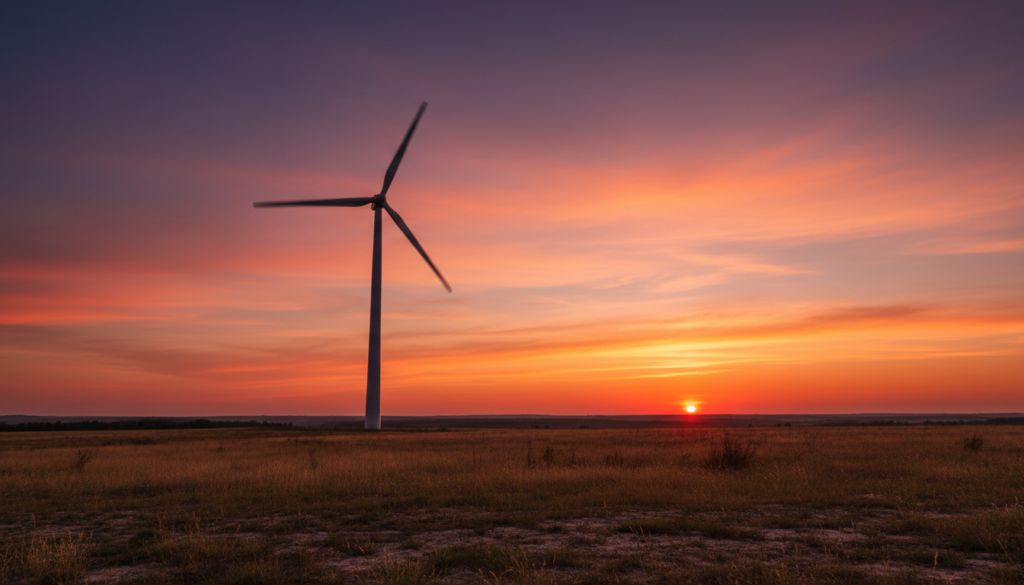 Aerogerador de grande porte em campo aberto gerando eletricidade limpa através do uso de energias renováveis.