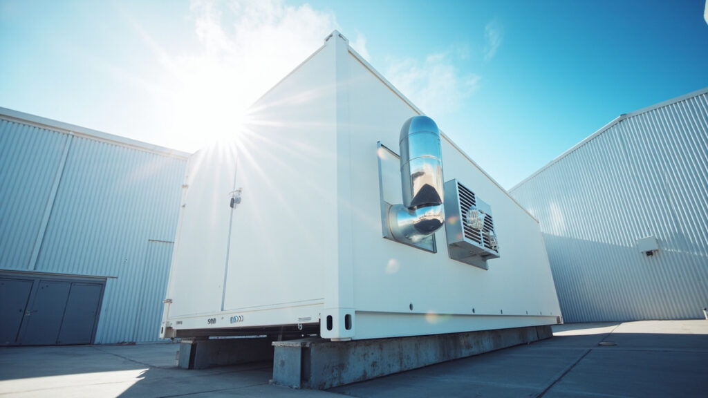 Imagemgerada_1789935195596 Container de sistema BESS com baterias LFP e climatização HVAC para projetos industriais.