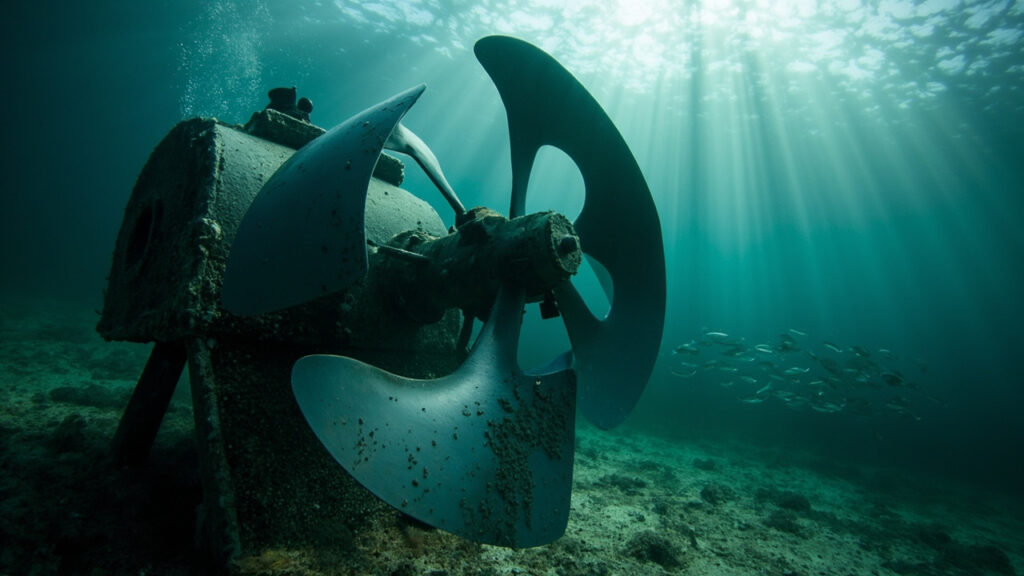 Turbina de corrente marítima usada em energia maremotriz, com três pás de aço sobre estrutura no fundo do mar e feixes de luz na água