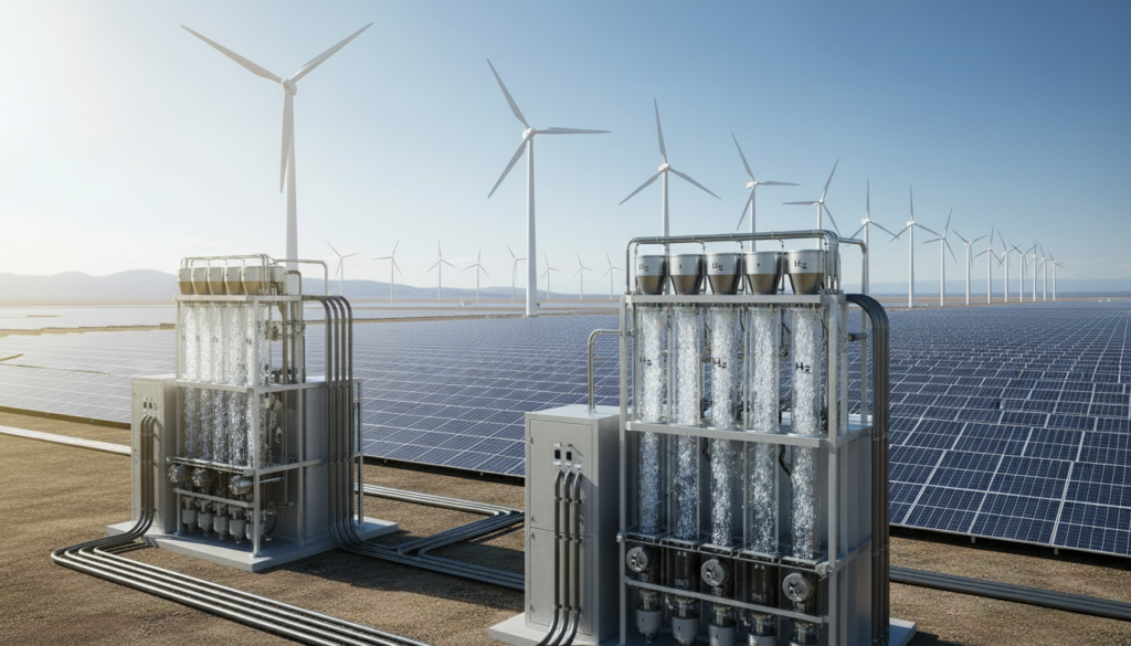 Fotografia de alta resolução mostrando uma planta de produção de hidrogênio verde ativada por energia solar e eólica, onde a eletrólise industrial separa o hidrogênio da água.