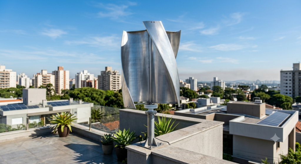 Aerogerador de eixo vertical cinza instalado no telhado de uma casa moderna para captação de energia eólica residencial.
