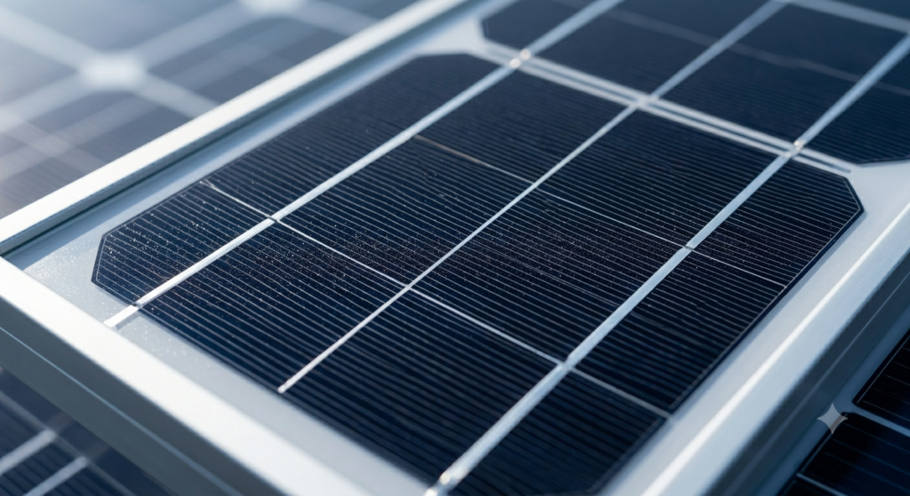 Gemini_Generated_Image_pzgyumpzgyumpzgy Detalhe macro das conexões elétricas e células de silício de alta pureza usadas em placas de energia solar.