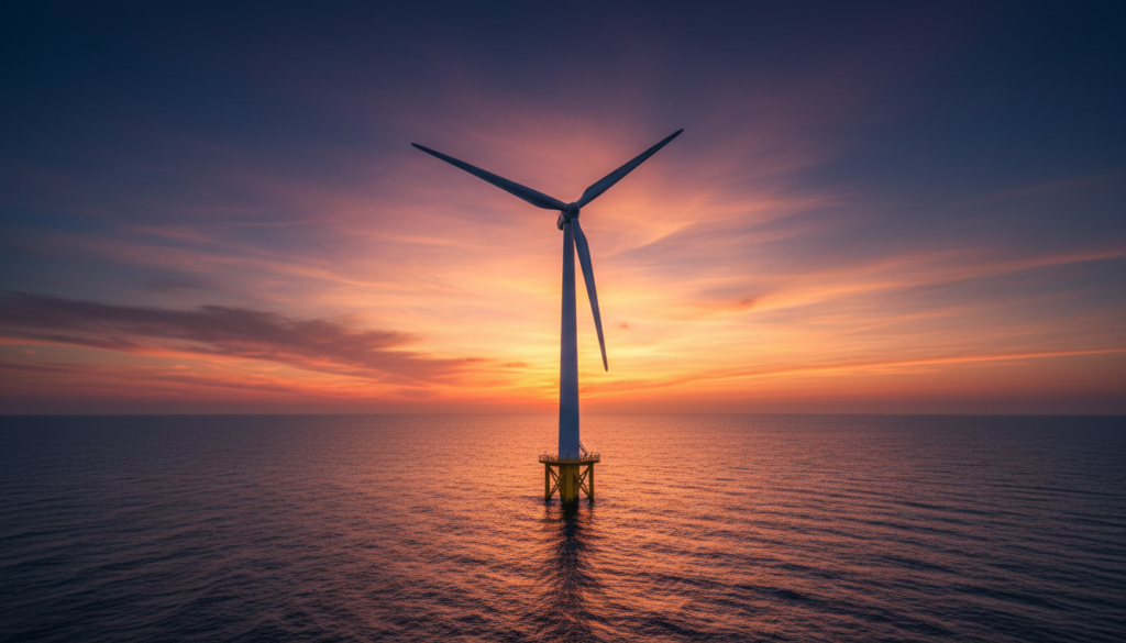 Generatedimage_1780334756122 Torre de eólica off-shore gigante instalada em alto-mar durante o pôr do sol.