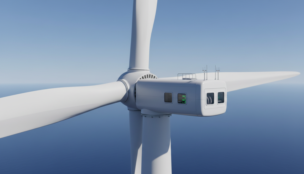 Generatedimage_1780334831774 Detalhe das pás e do gerador de uma turbina de eólica off-shore contra o céu azul.