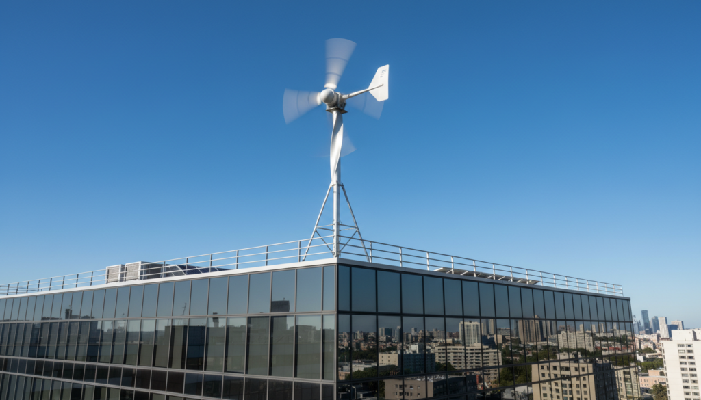 Generatedimage_1780431761768 Microturbina de energia eólica comercial em funcionamento instalada no topo do telhado de um edifício corporativo moderno.
