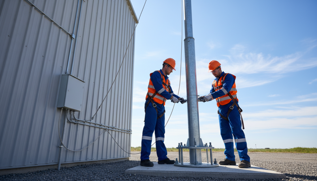 Generatedimage_1780431845530 Técnicos de segurança realizando a fixação e montagem de uma turbina de energia eólica comercial na área externa de uma pequena indústria.