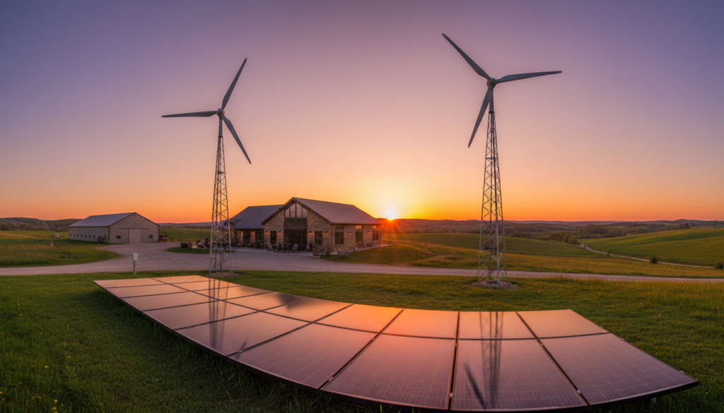 Generatedimage_1780431879192 Sistema híbrido composto por painéis solares e turbinas de energia eólica comercial gerando eletricidade limpa para estabelecimento comercial.