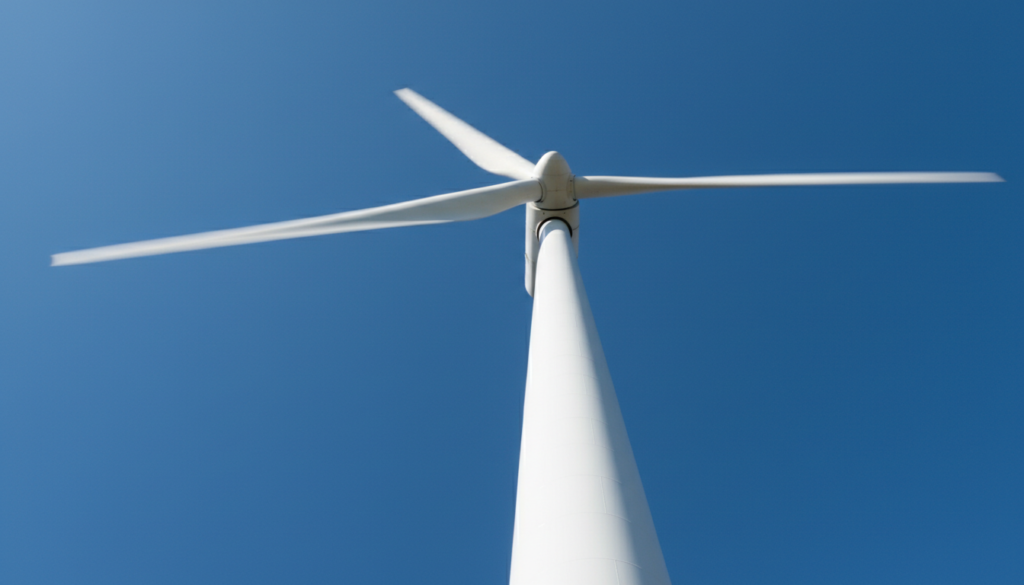 Fotografia em ângulo inferior de um moderno aerogerador branco gerando energia eólica contra um céu azul limpo.