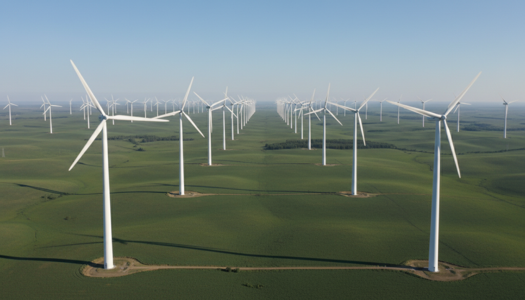 Parque comercial com várias turbinas brancas instaladas em colinas verdes gerando energia eólica em larga escala.