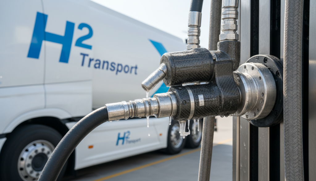 Fotografia em close-up de um bocal de abastecimento industrial transferindo hidrogênio verde comprimido e liquefeito a -253°C para o tanque de um caminhão de transporte pesado.