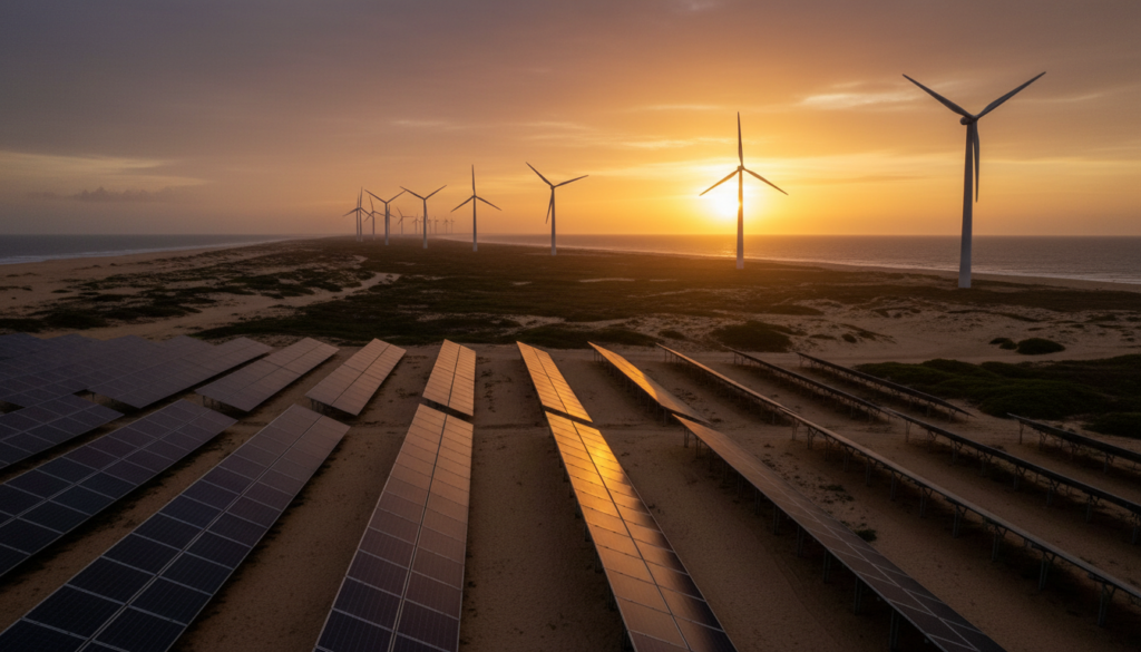 Paisagem panorâmica do Nordeste brasileiro com turbinas eólicas e painéis solares gerando energia para a produção de hidrogênio verde na bolsa de valores B3.