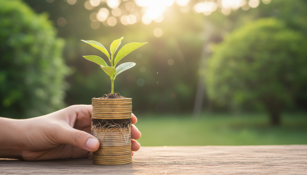 Imagem conceitual mostrando uma muda de planta crescendo em moedas douradas, simbolizando o lucro de longo prazo ao investir em hidrogênio verde na bolsa B3.