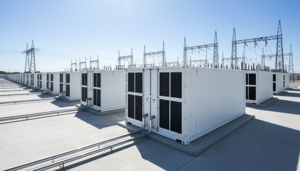 Instalação industrial com fileiras de contêineres brancos do sistema de armazenamento BESS conectado à rede elétrica em um dia ensolarado.