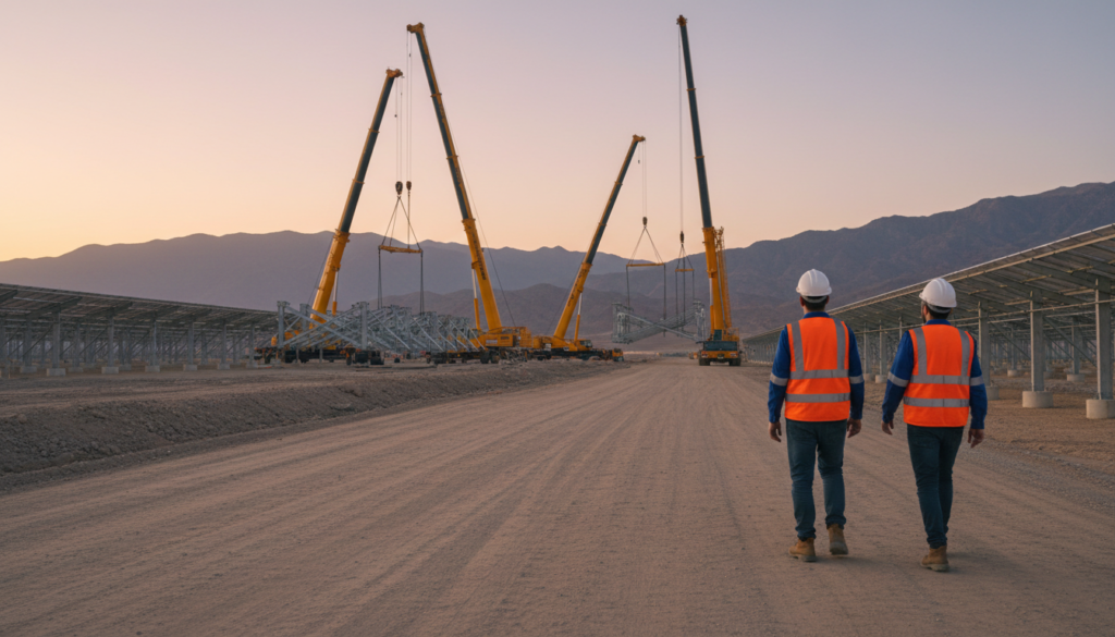 Engenheiros em um canteiro de obras planejando a instalação de um projeto de energia renovável com tecnologia BESS.