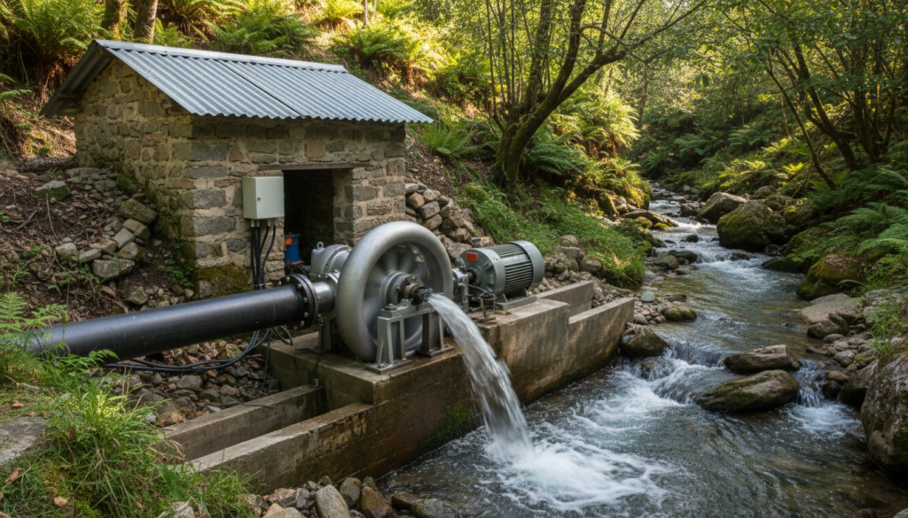 Generatedimage_1780863527111 Detalhe de tubulação forçada conectada a uma pequena turbina Pelton e gerador elétrico em operação dentro de casa de força de micro usina hidrelétrica rural instalada.