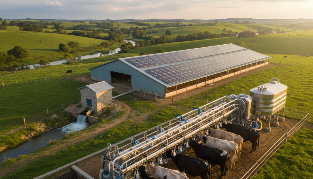 Generatedimage_1780863580162 Vista panorâmica de fazenda com ordenhadeira elétrica em primeiro plano e sistema integrado de micro usina hidrelétrica e painéis solares fotovoltaicos gerando energia sustentável ao fundo.