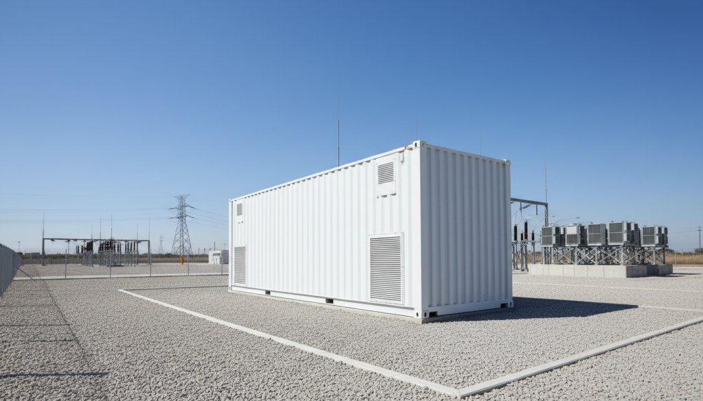 Contêiner branco de um sistema de armazenamento BESS instalado em uma planta industrial, mostrando o contraste visual entre tecnologia moderna de íon-lítio e bateria BESS vs chumbo.